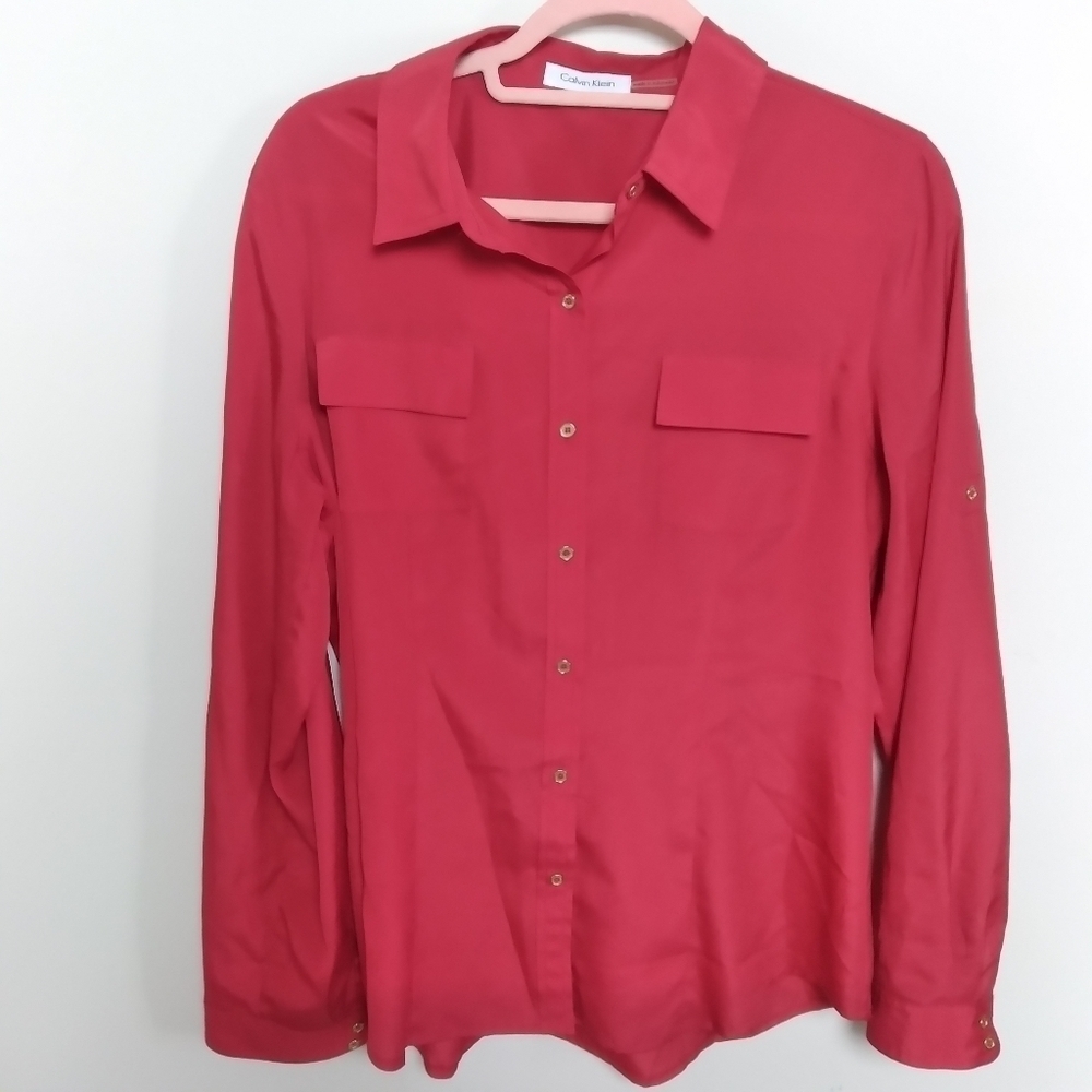 Calvin Klein Red Long Sleeve Silky Button Up Top Size Medium